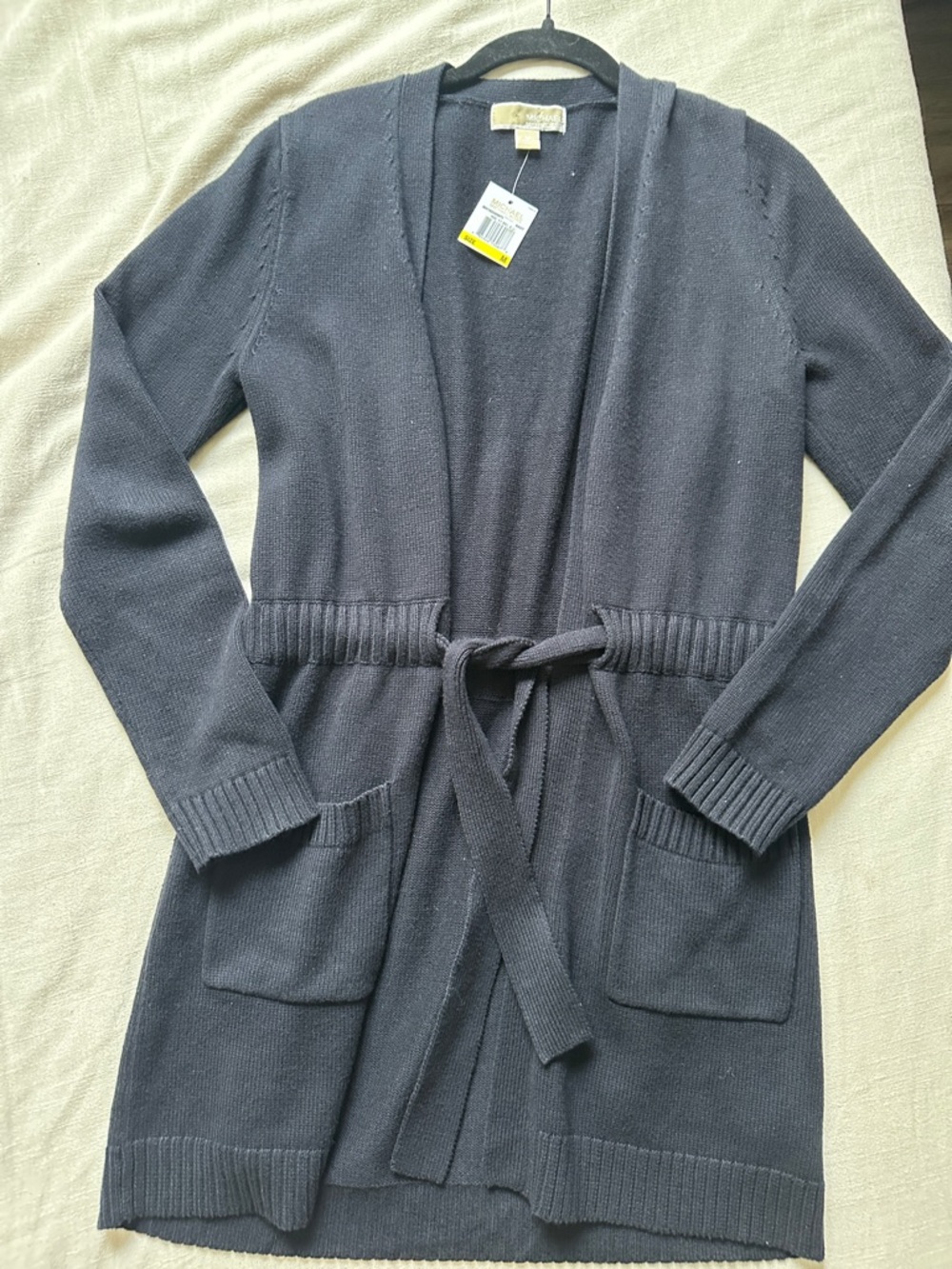 Michael Kors Black Long Open-Front Belted Cardigan